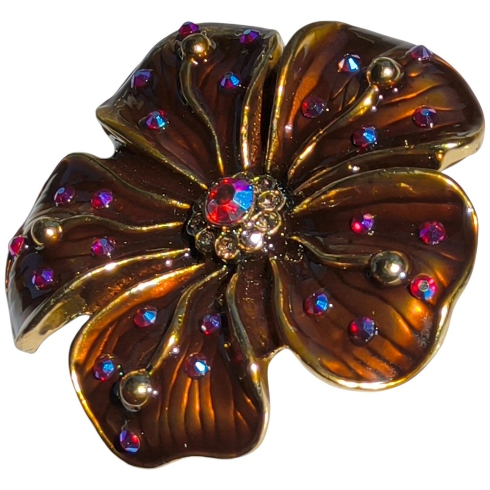 Vintage Enamel Flower Brooch Pendant Brown Gold AB Rhinestone Convertible